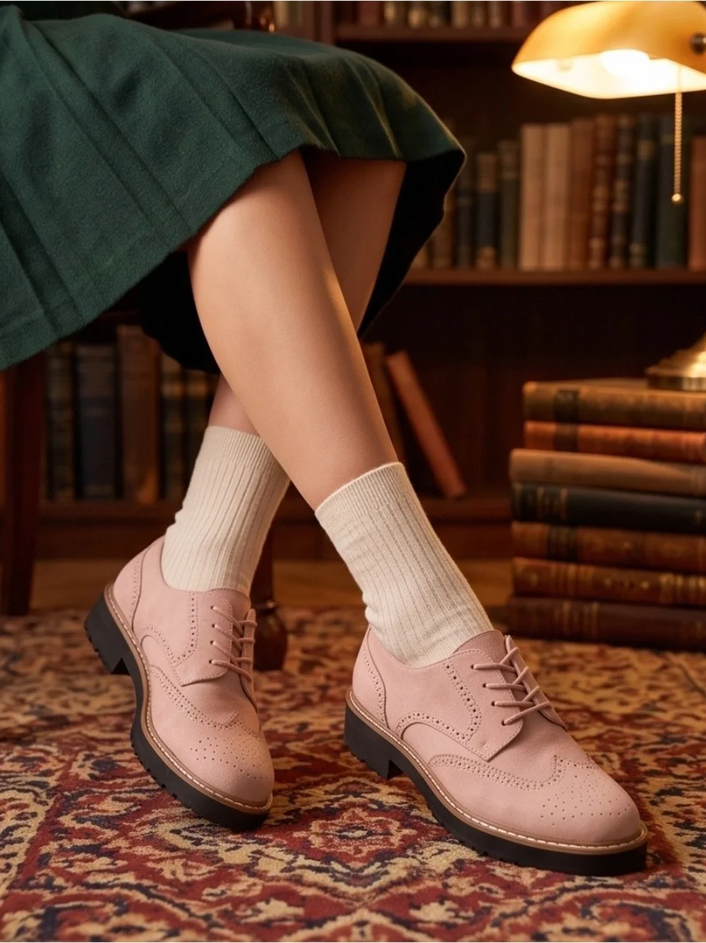 Dusty Pink Blush Wingtip Oxford Brogues Platform Lace Up 10